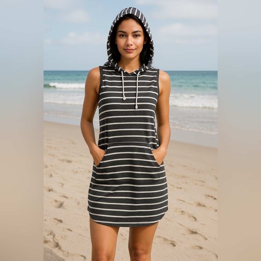 Be All Sportswear Corp Black White Striped Sleeveless Hoodie Dress M Nautical